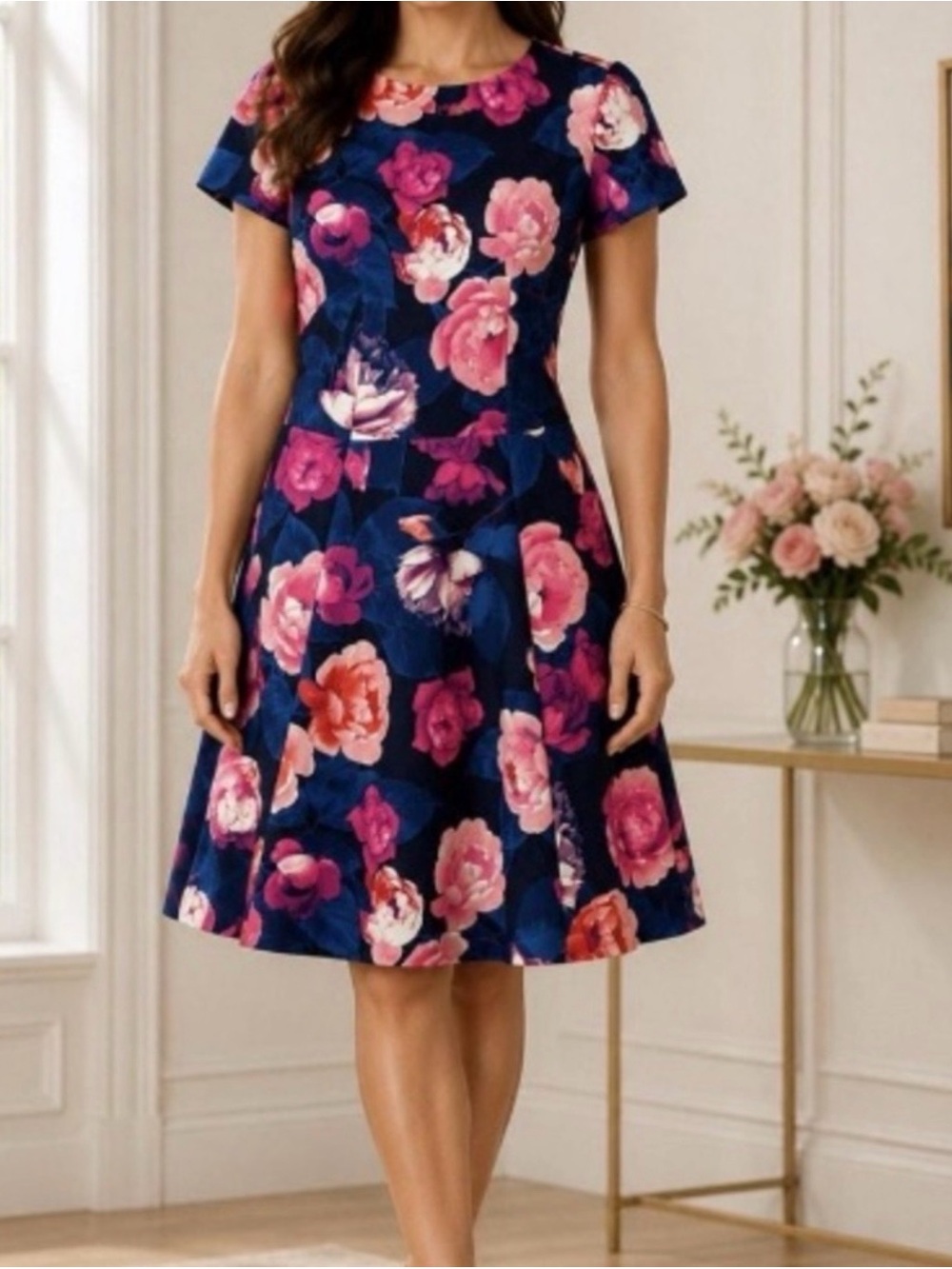 Eliza J Navy Midi Fit-and-Flare Dress with Pink Floral Print boho event sz 2
